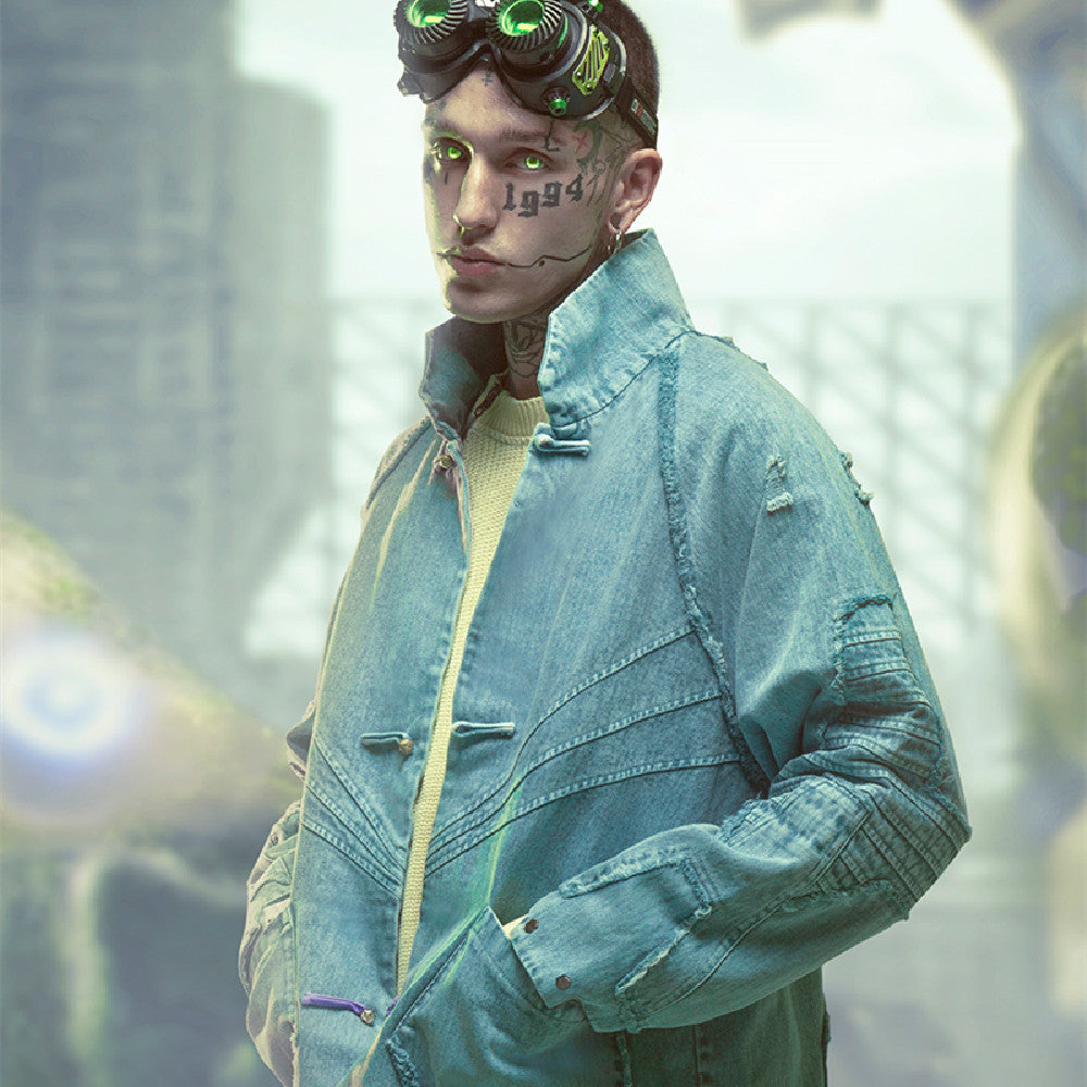 Chinese Style Street Wear And Tear Damaged Washed Denim Jacket