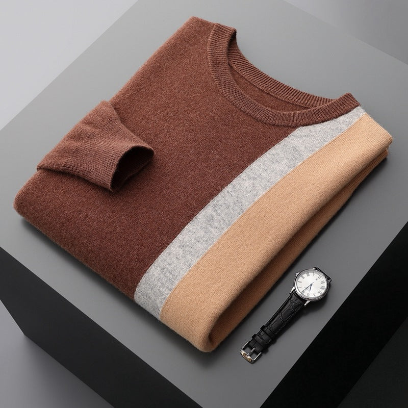 Men's Round Neck Color Block Pullover Casual Loose Knit Bottoming Shirt