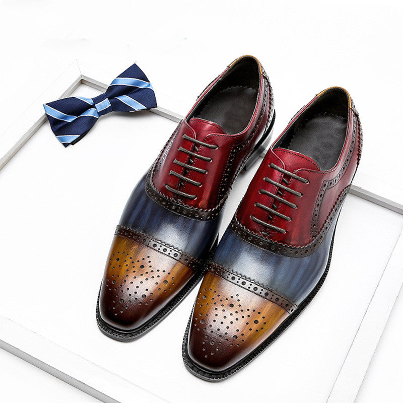 Cowhide leather shoes with pointed tips, color and carved patterns