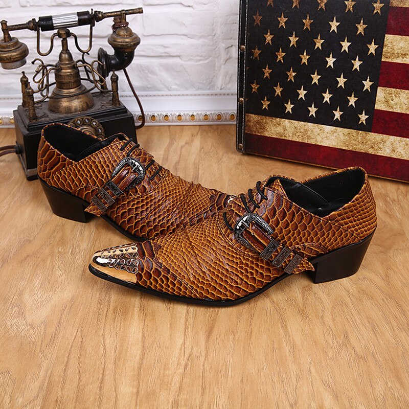British Style Iron Head Snake Print Leather Shoes Low-Top