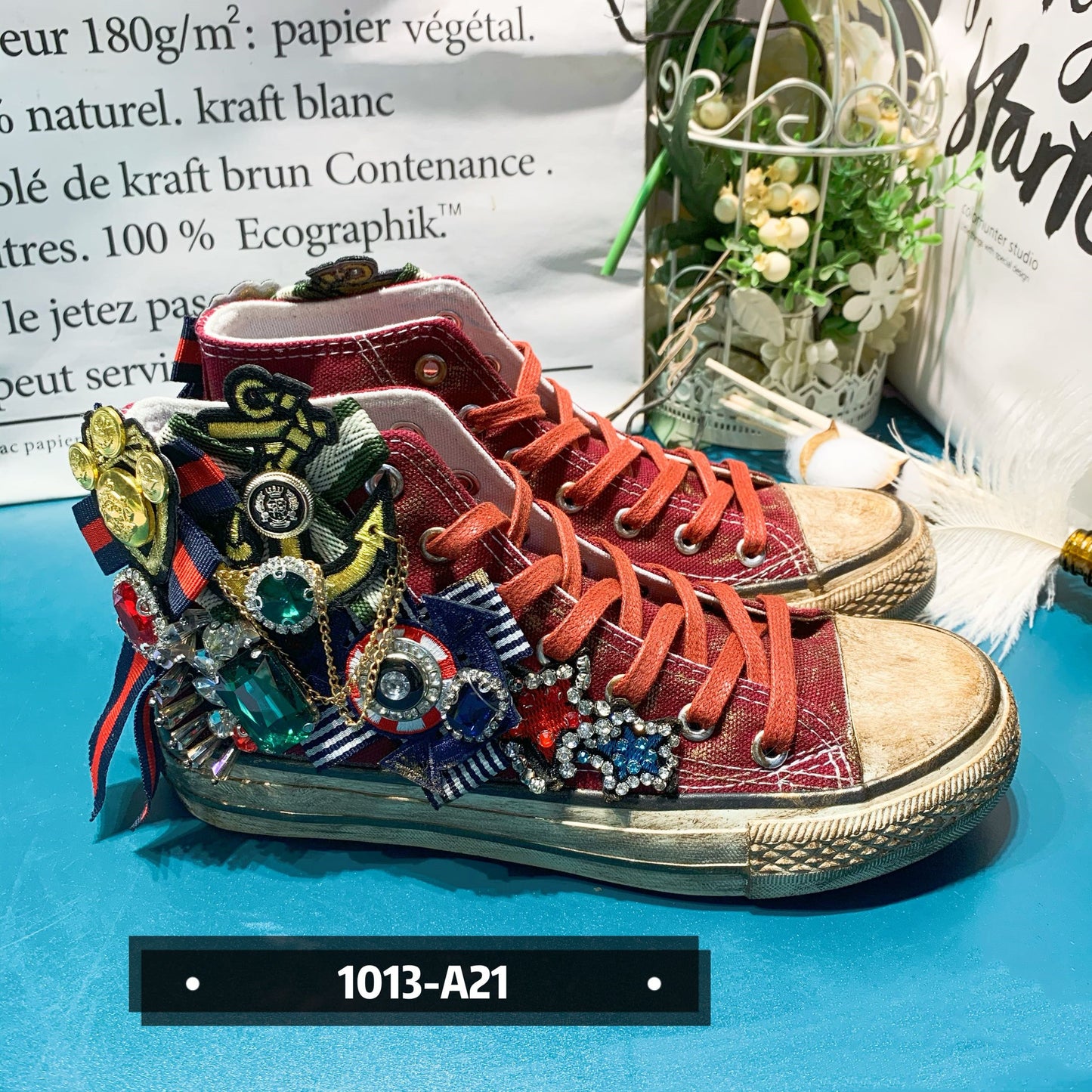 Beaded Medal British Style Flat Canvas High Bang Canvas Shoes