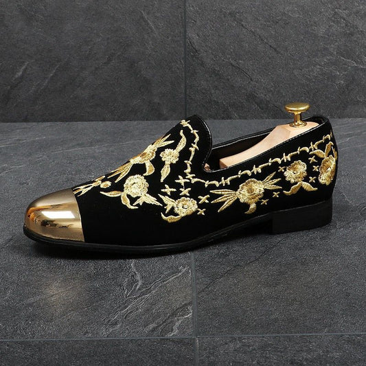 Pointed Toe Leather Shoes Men's Embroidered Set Foot One Pedal Casual Shoes