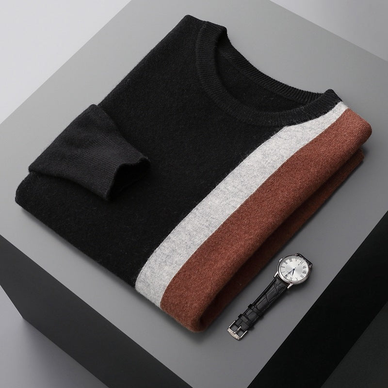 Men's Round Neck Color Block Pullover Casual Loose Knit Bottoming Shirt