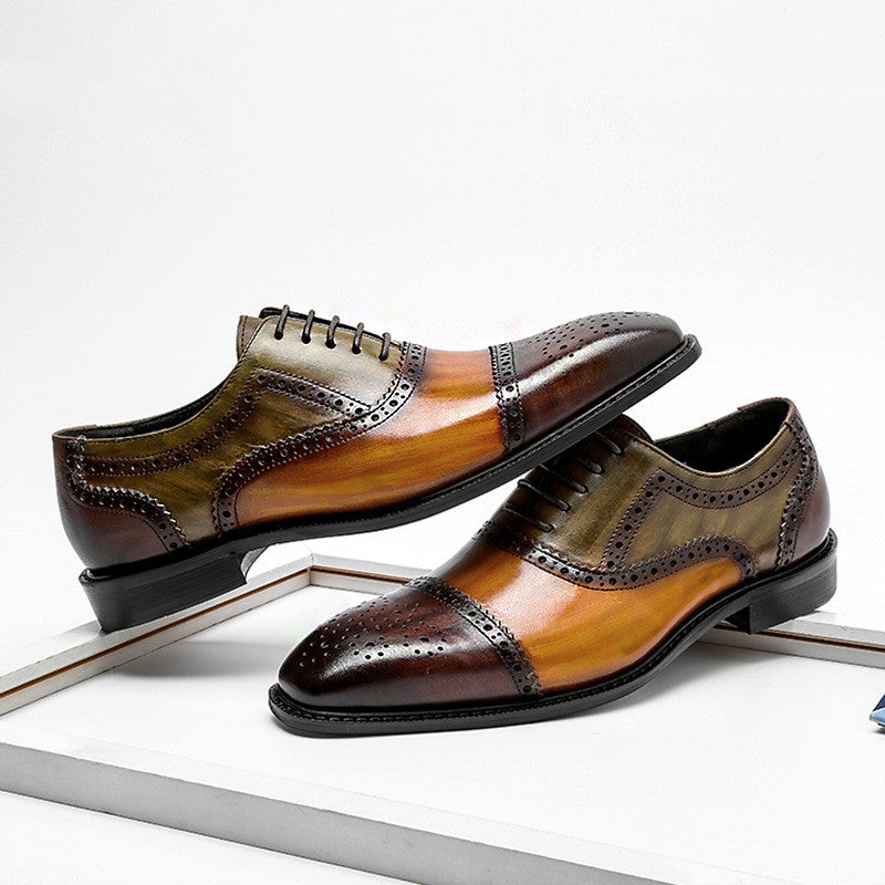 Cowhide leather shoes with pointed tips, color and carved patterns