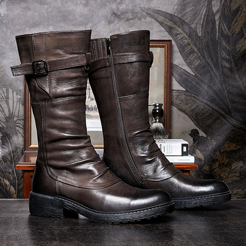 Men's High Top Long Platform Side Zip Biker Boots