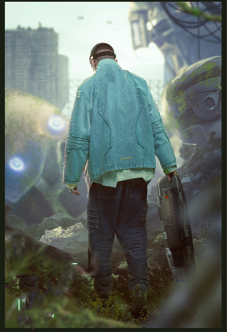 Chinese Style Street Wear And Tear Damaged Washed Denim Jacket