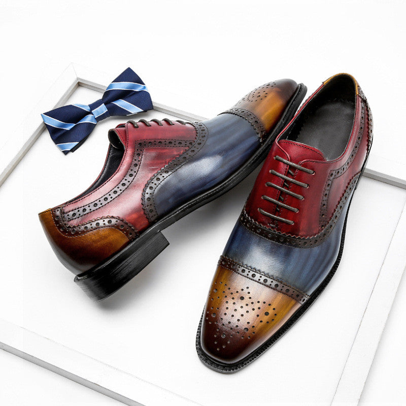 Cowhide leather shoes with pointed tips, color and carved patterns