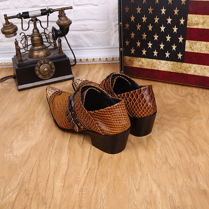 British Style Iron Head Snake Print Leather Shoes Low-Top