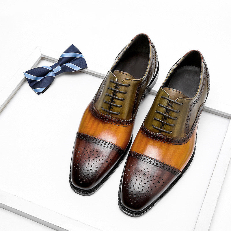 Cowhide leather shoes with pointed tips, color and carved patterns