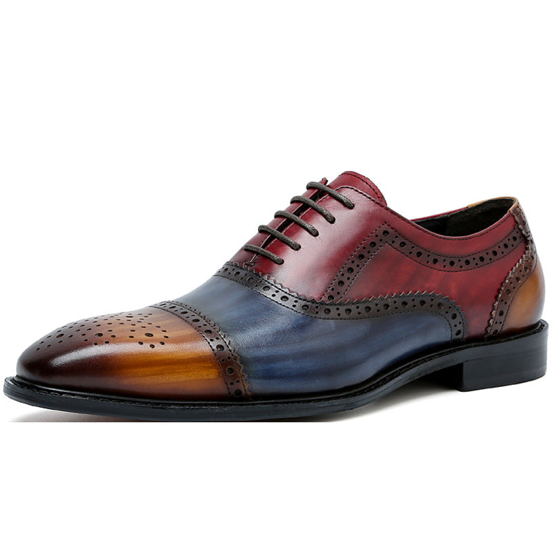 Cowhide leather shoes with pointed tips, color and carved patterns