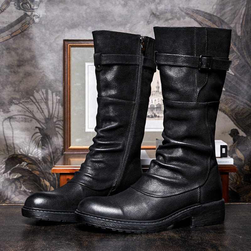 Men's High Top Long Platform Side Zip Biker Boots