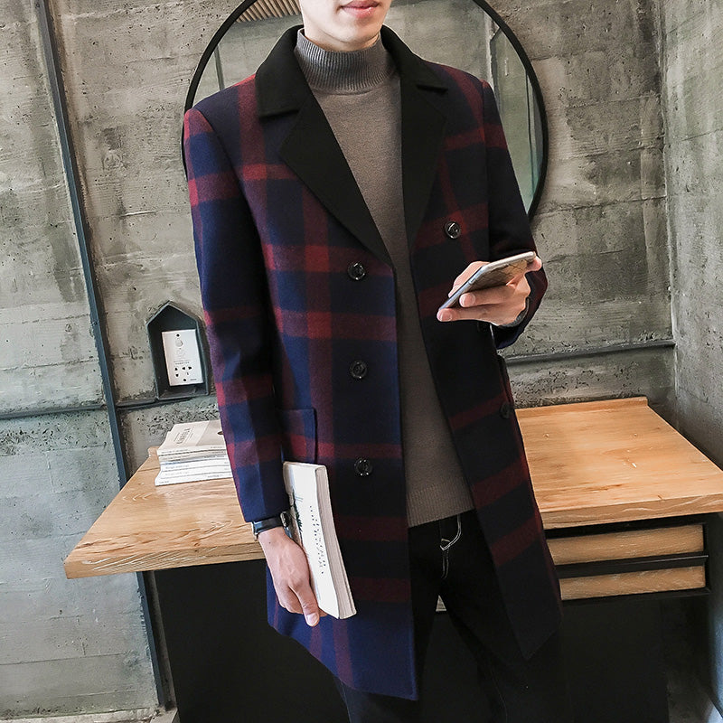 Plaid coat men's mid-length