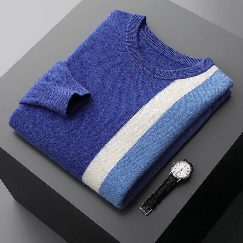Men's Round Neck Color Block Pullover Casual Loose Knit Bottoming Shirt