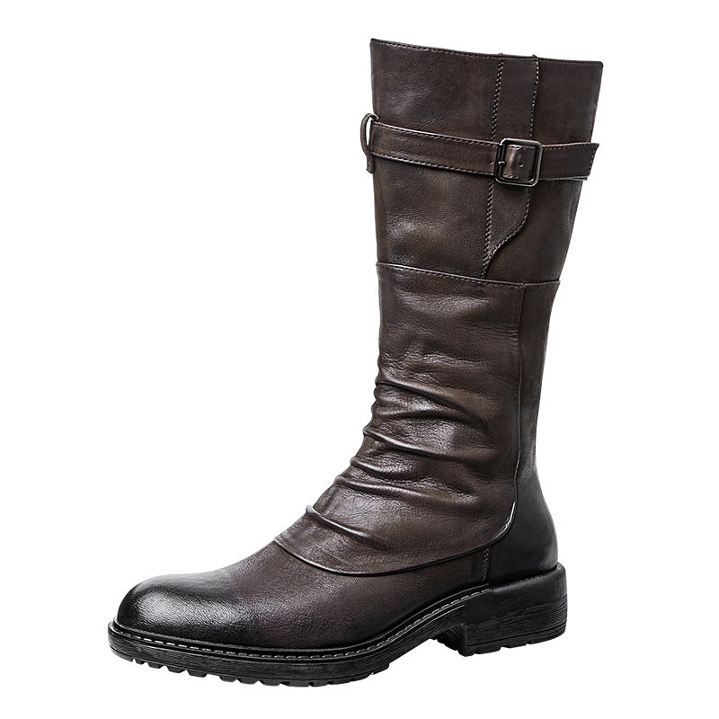 Men's High Top Long Platform Side Zip Biker Boots